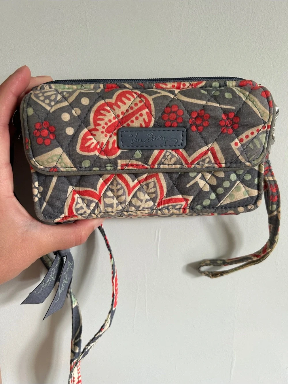 Vera Bradley Gray Quilted Floral Wristlet with Red Accents